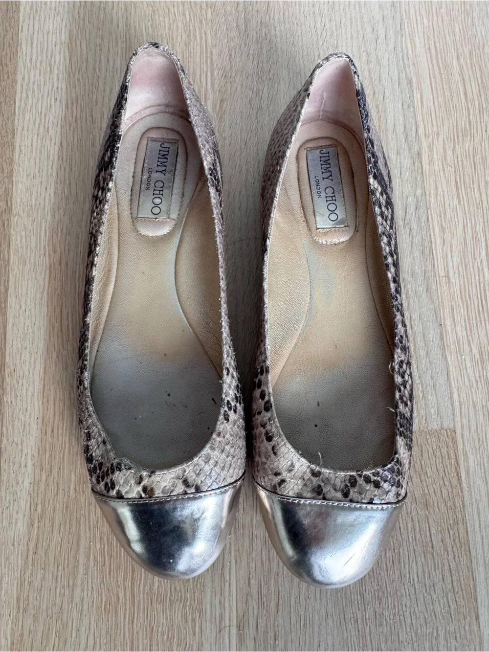 Jimmy Choo Beige Snake-Print Flats with Gold Cap Toe